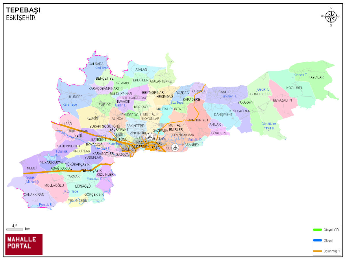 TEPEBAŞI Uydu Haritası – Topografya ve Sınır Bilgisi 